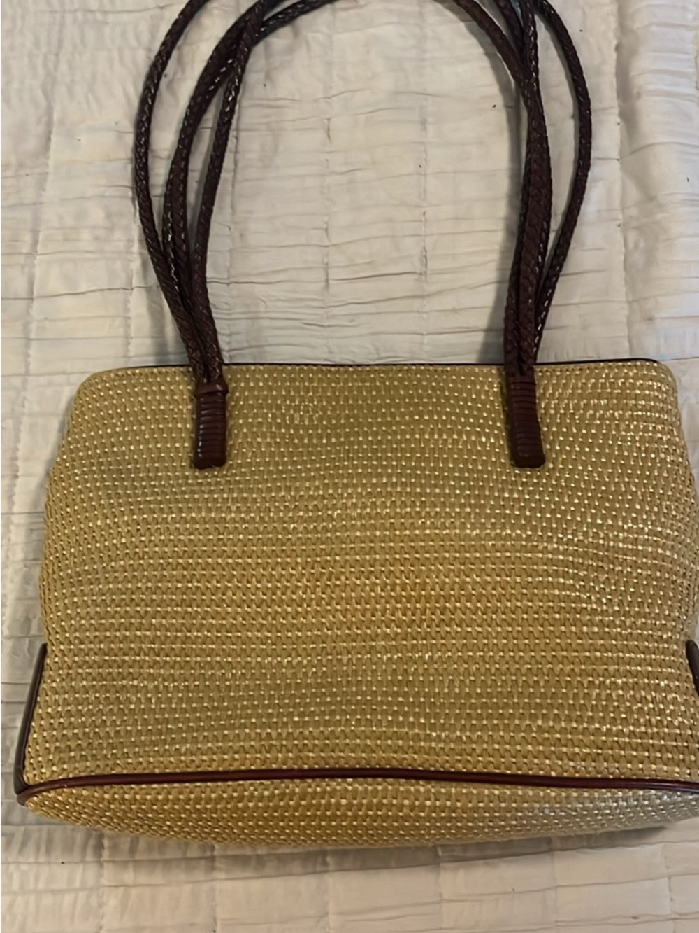 Etienne Aigner Natural Straw Shoulder Bag with Brown Leather Trim